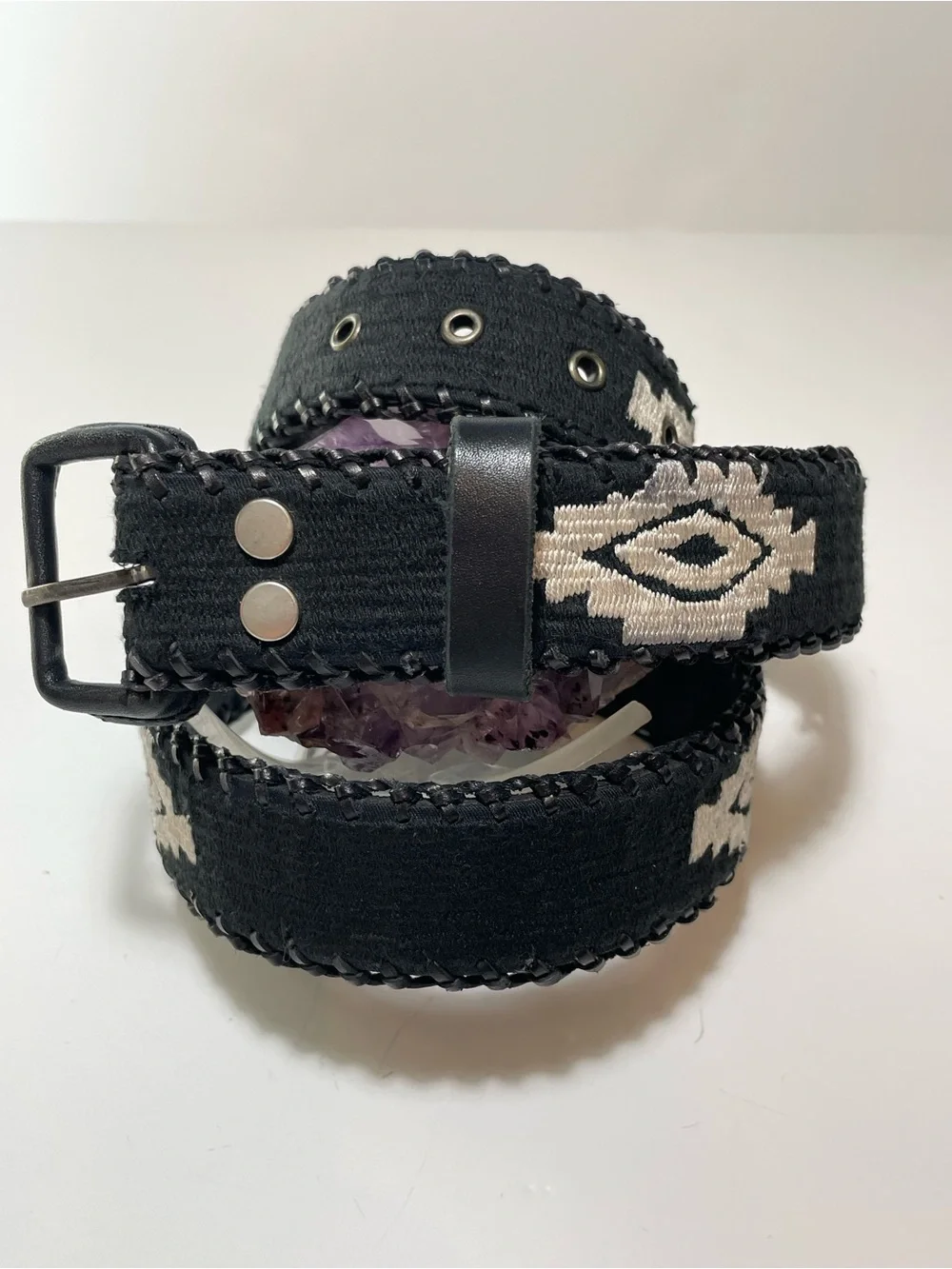 Lucky Brand Black and White Embroidered Leather Belt